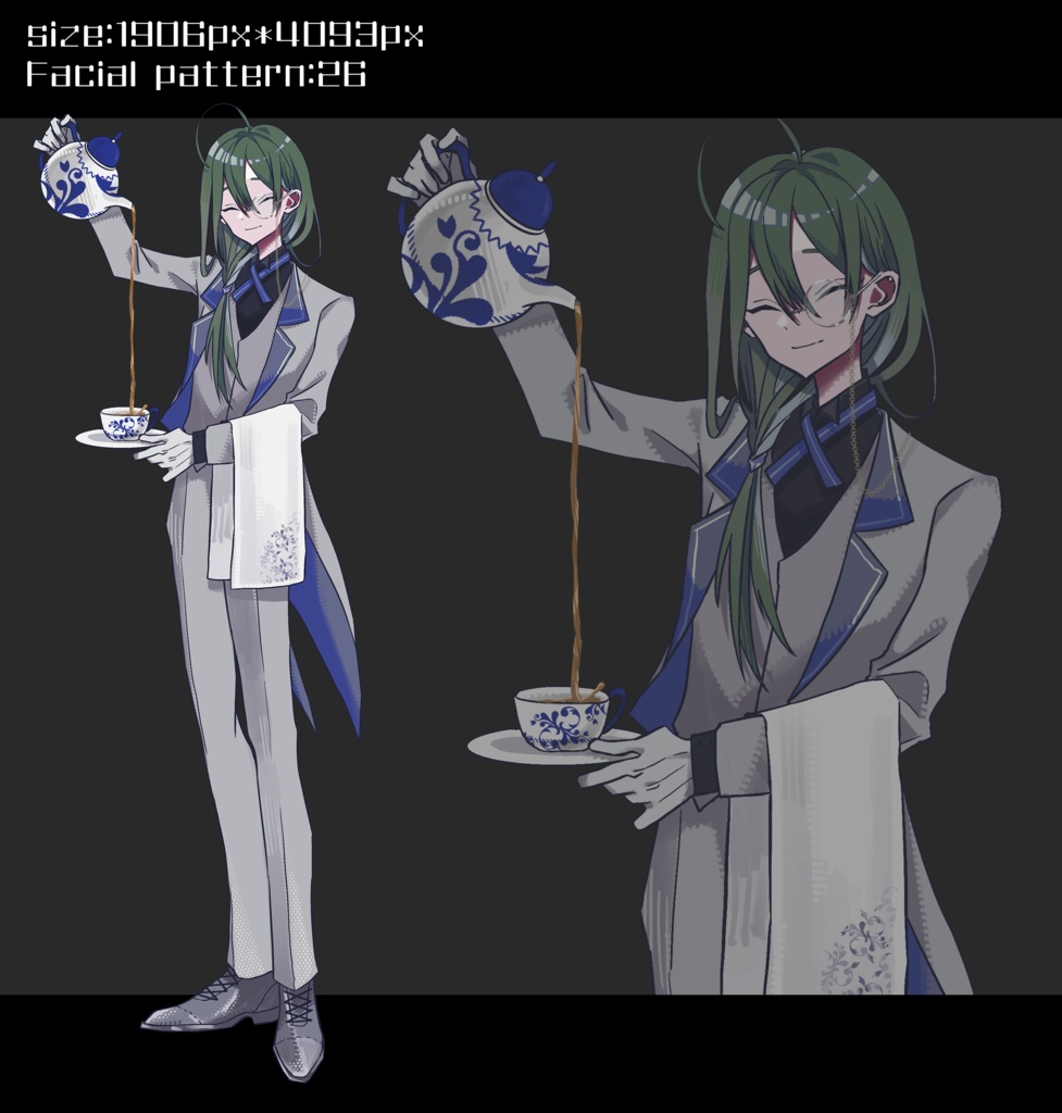 緑髪糸目片眼鏡執事服の男性 立ち絵素材