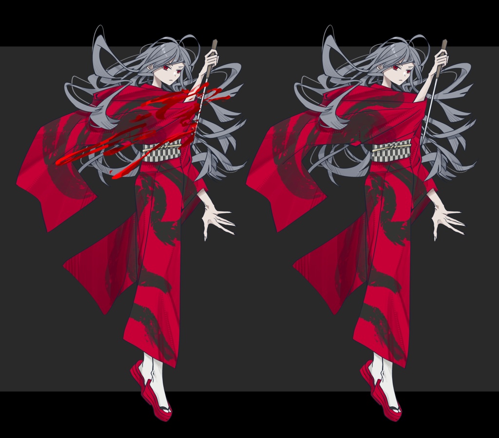 ドスを持った灰髪赤眼着物女性【血飛沫あり/なし】