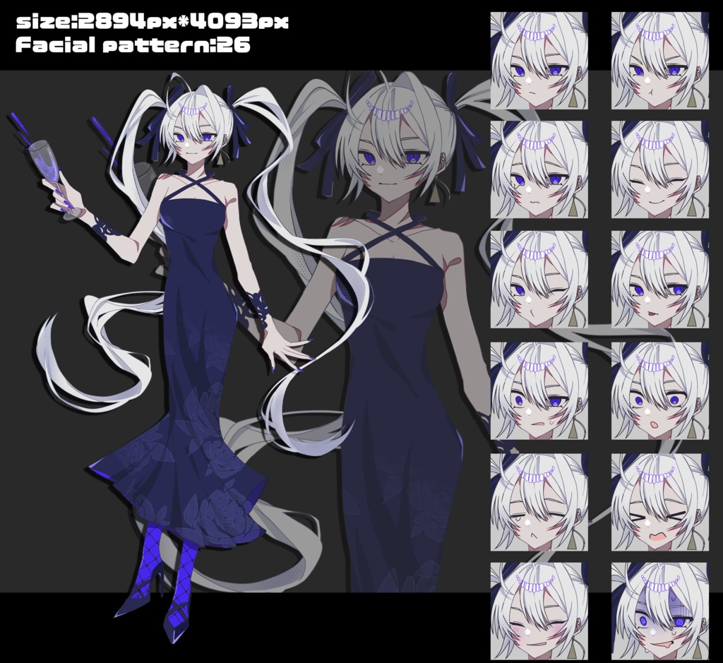 グラスを持ったツインテドレス女性【白肌】【黒肌】 