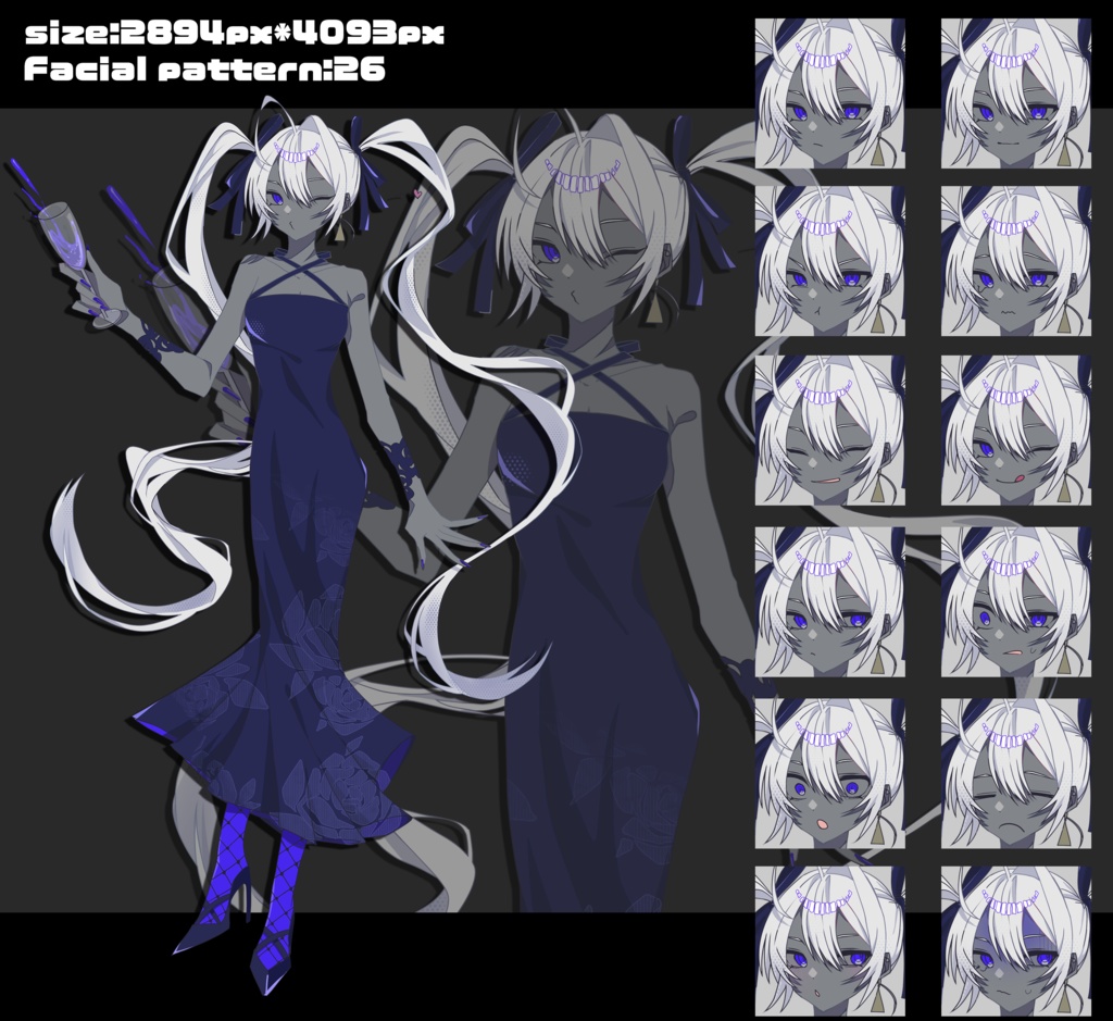 グラスを持ったツインテドレス女性【白肌】【黒肌】