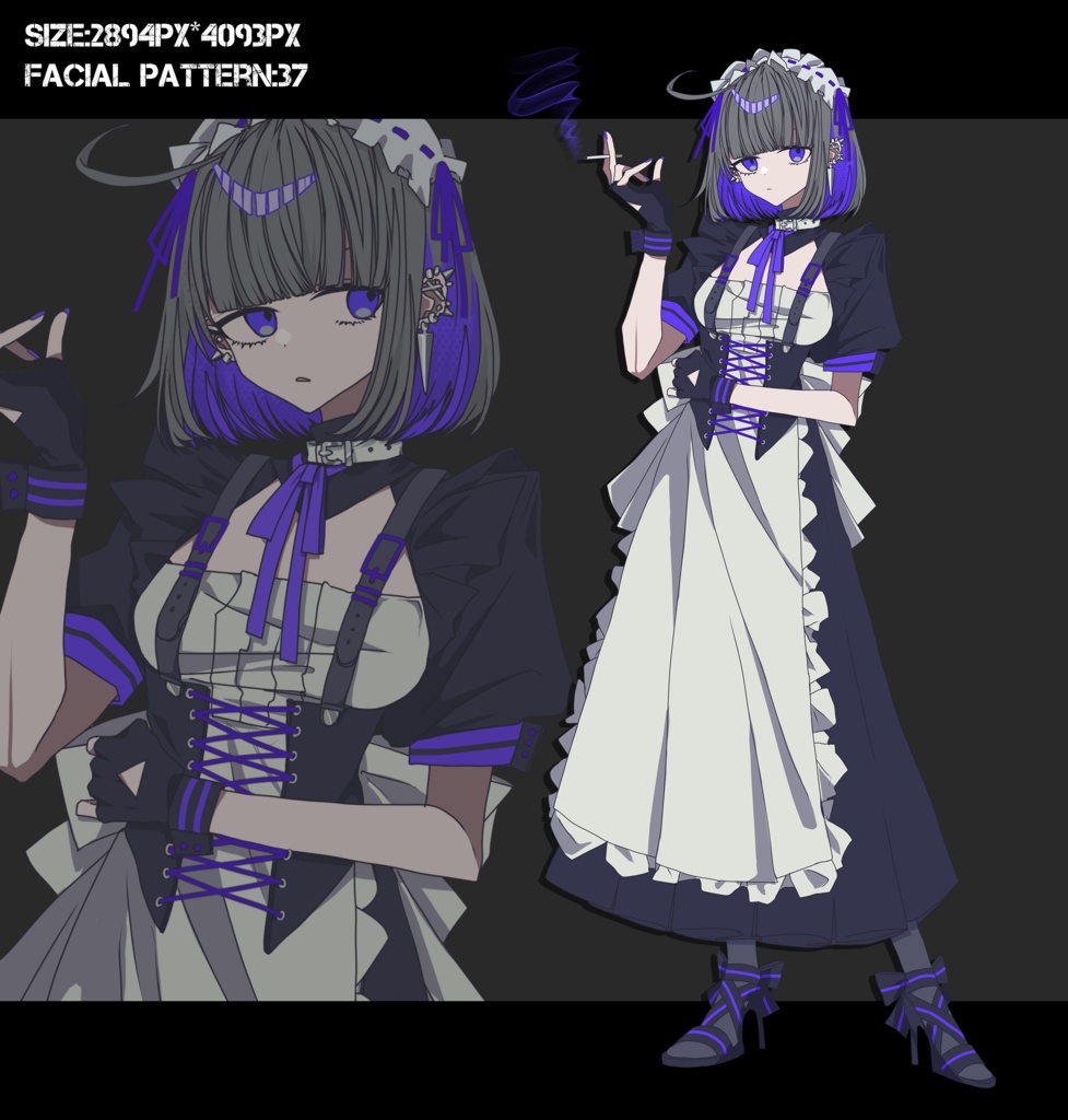 煙草持ったダウナー系灰髪紫眼メイドさん 立ち絵素材