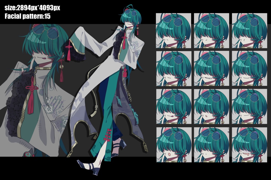 緑髪メカクレ中華お兄さん 立ち絵素材【両メカクレ】【片メカクレ】