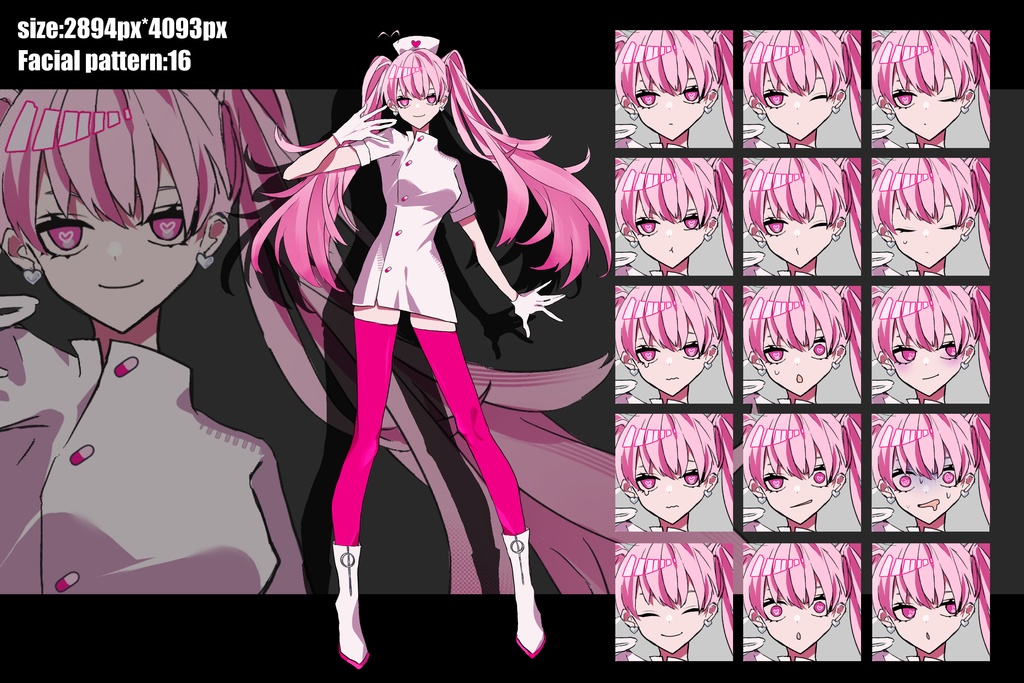 【立ち絵素材】ピンク髪のツインテナースさん|表情16種|商用可
