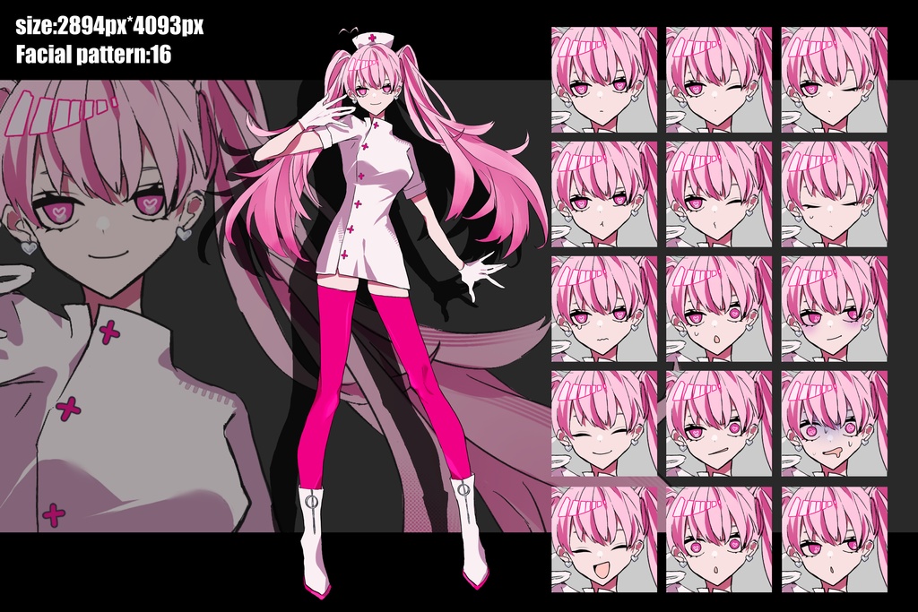 【立ち絵素材】ピンク髪のツインテナースさん|表情16種|商用可