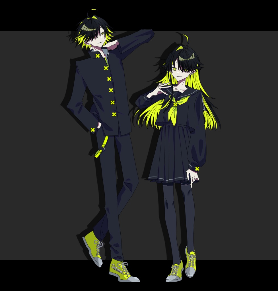 【立ち絵素材】黒髪黄色眼黄インナー制服学生《男/女》|表情16種|商用可