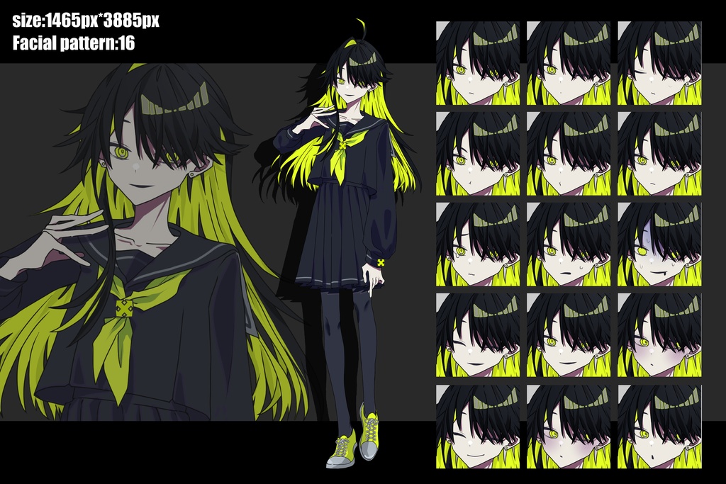 【立ち絵素材】黒髪黄色眼黄インナー制服学生《男/女》|表情16種|商用可