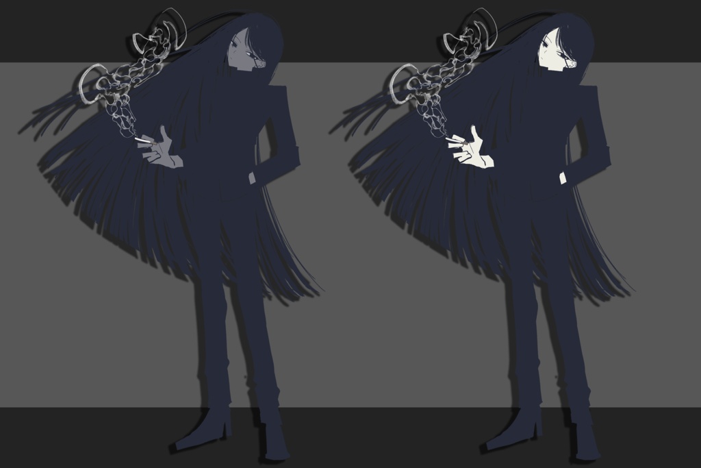 【フリー立ち絵素材】黒髪黒眼長髪黒づくめの人《白肌/黒肌》|商用可