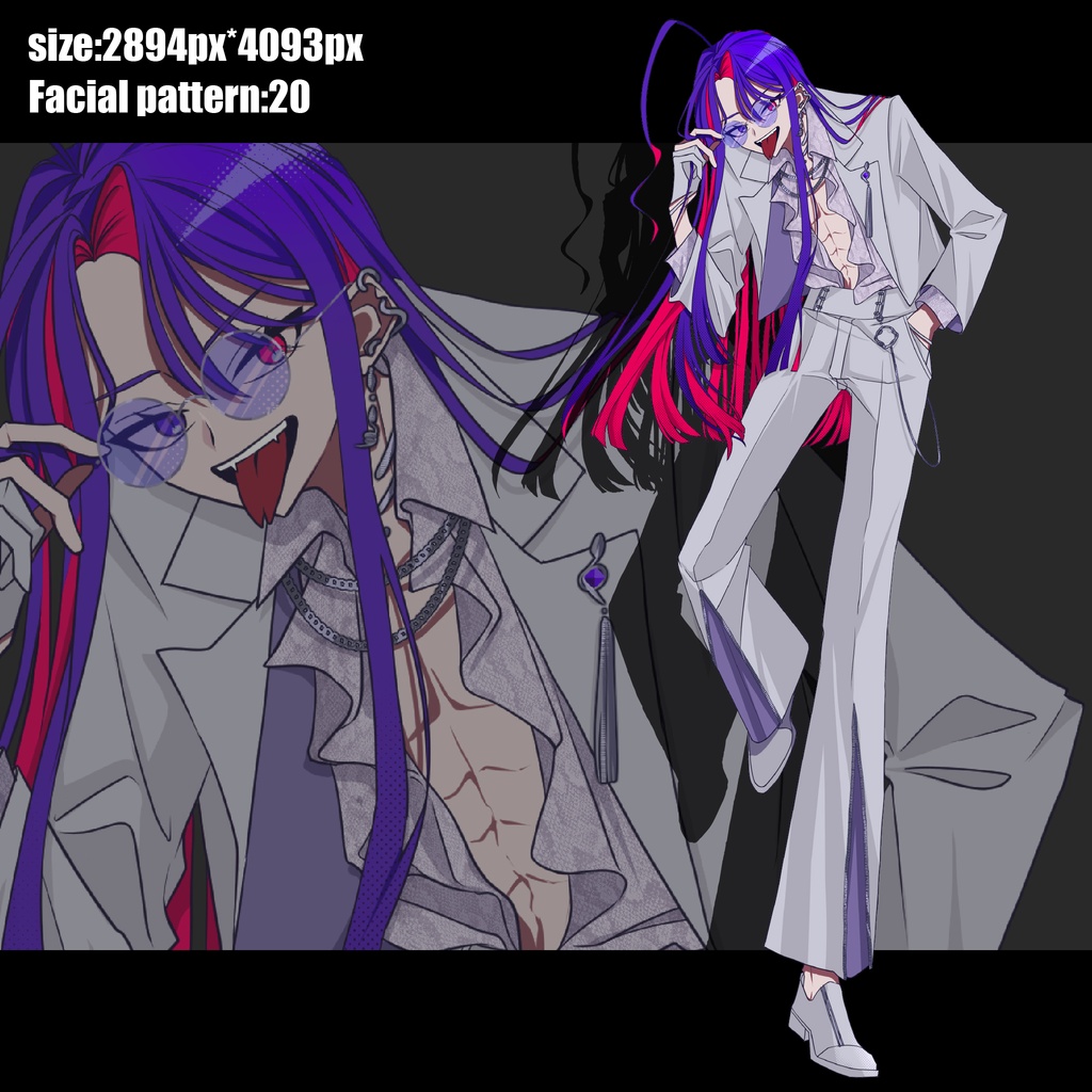 【立ち絵素材】赤紫髪の蛇モチーフ双子《黒服/白服》|表情20種|商用可