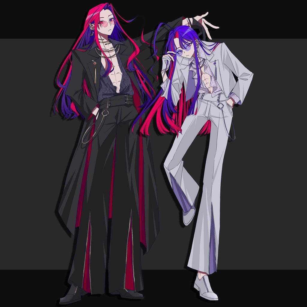 【立ち絵素材】赤紫髪の蛇モチーフ双子《黒服/白服》|表情20種|商用可