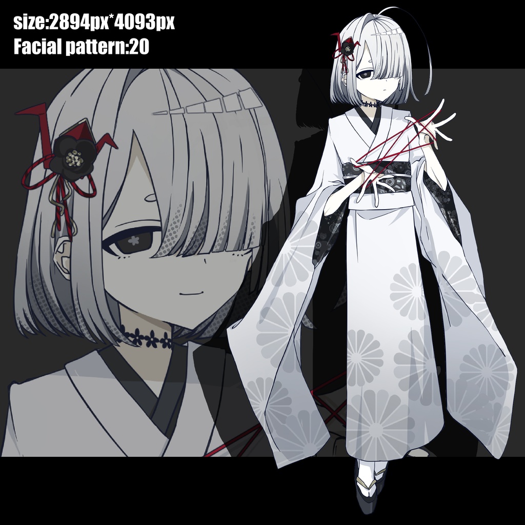 【立ち絵素材】白髪おかっぱのあやとり着物童女《片目隠れ》|表情20種|商用可