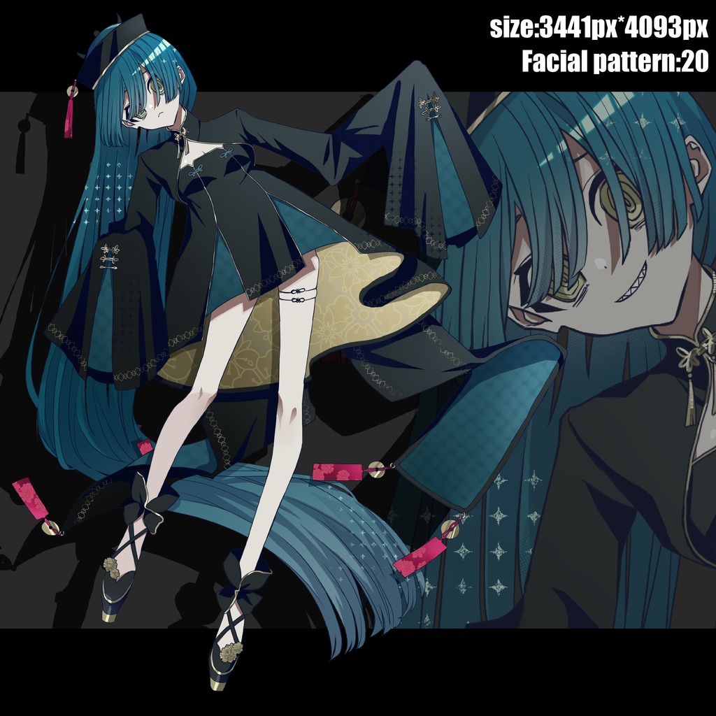 【立ち絵素材】青緑髪のギザ歯中華娘《キョンシー版》|表情20種|商用可