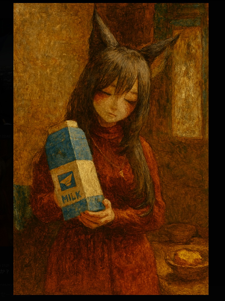 迷画：何故か牛乳を持たされる女