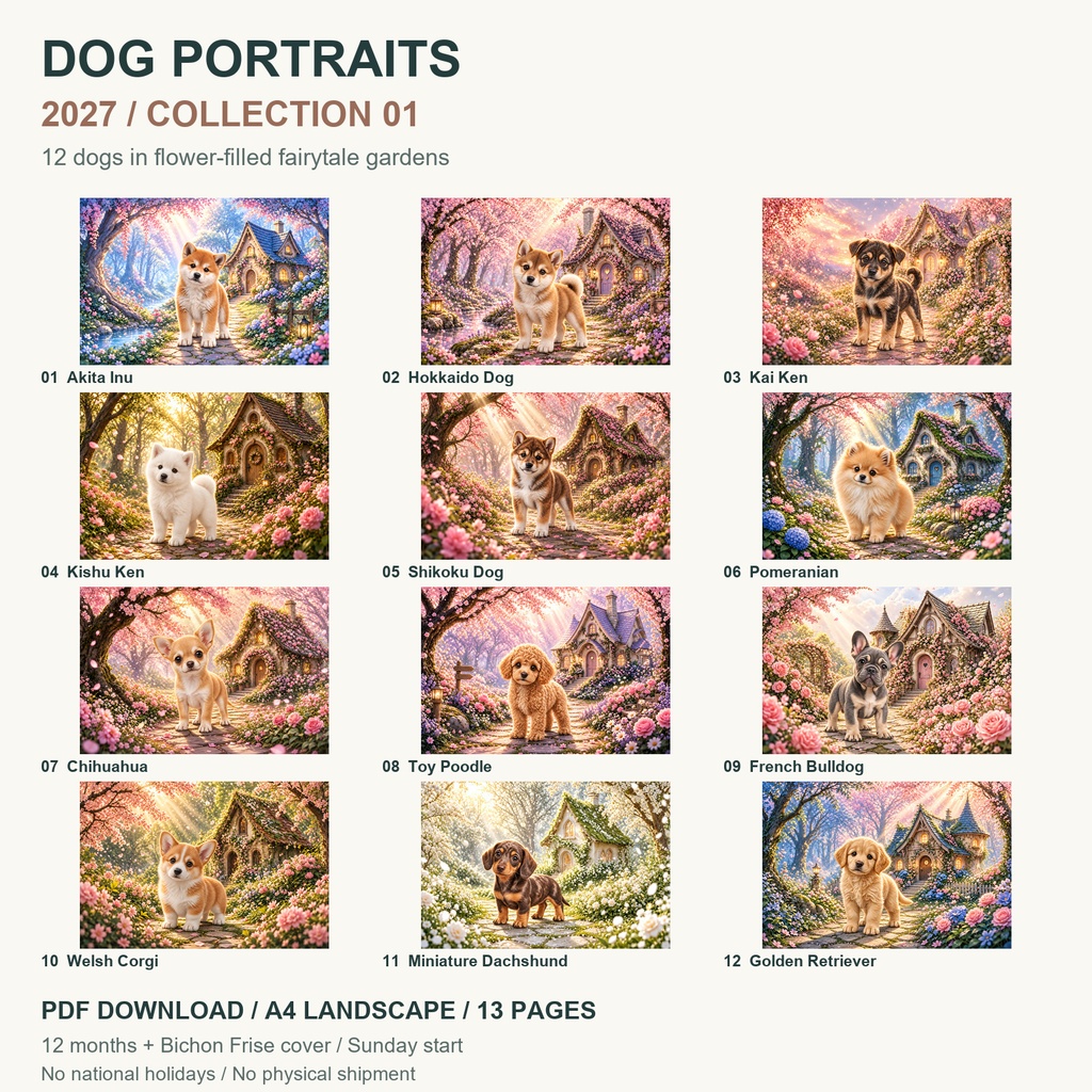Dog Portraits 2027 | Collection 01 | Printable A4 Landscape PDF Calendar