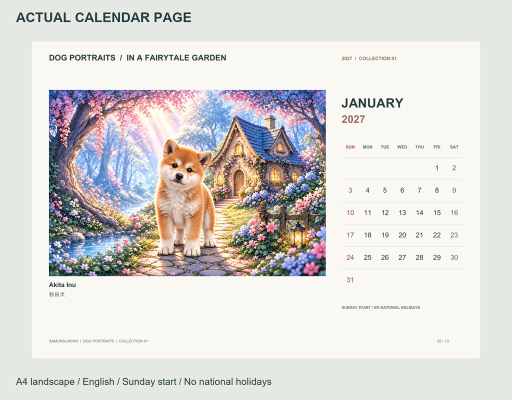 Dog Portraits 2027 | Collection 01 | Printable A4 Landscape PDF Calendar