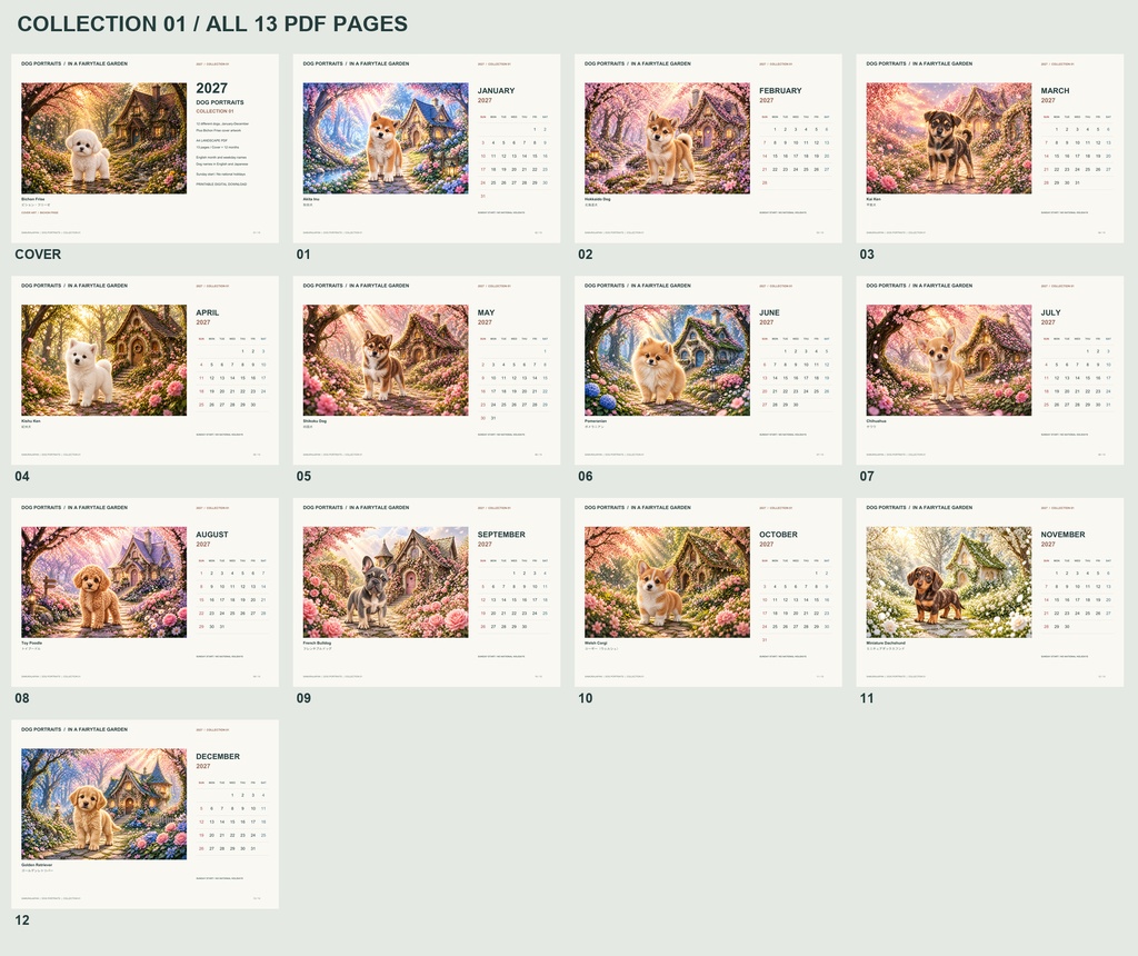 Dog Portraits 2027 | Collection 01 | Printable A4 Landscape PDF Calendar