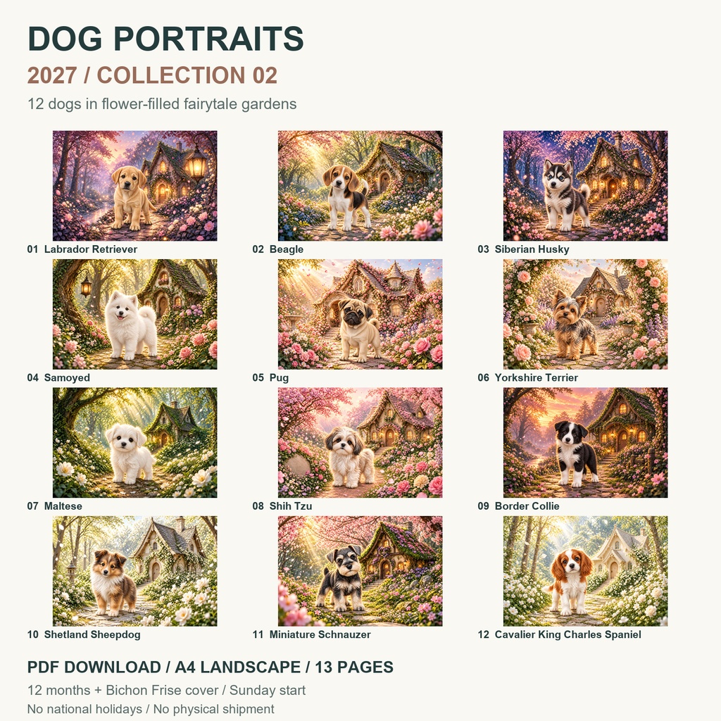 Dog Portraits 2027 | Collection 02 | Printable A4 Landscape PDF Calendar