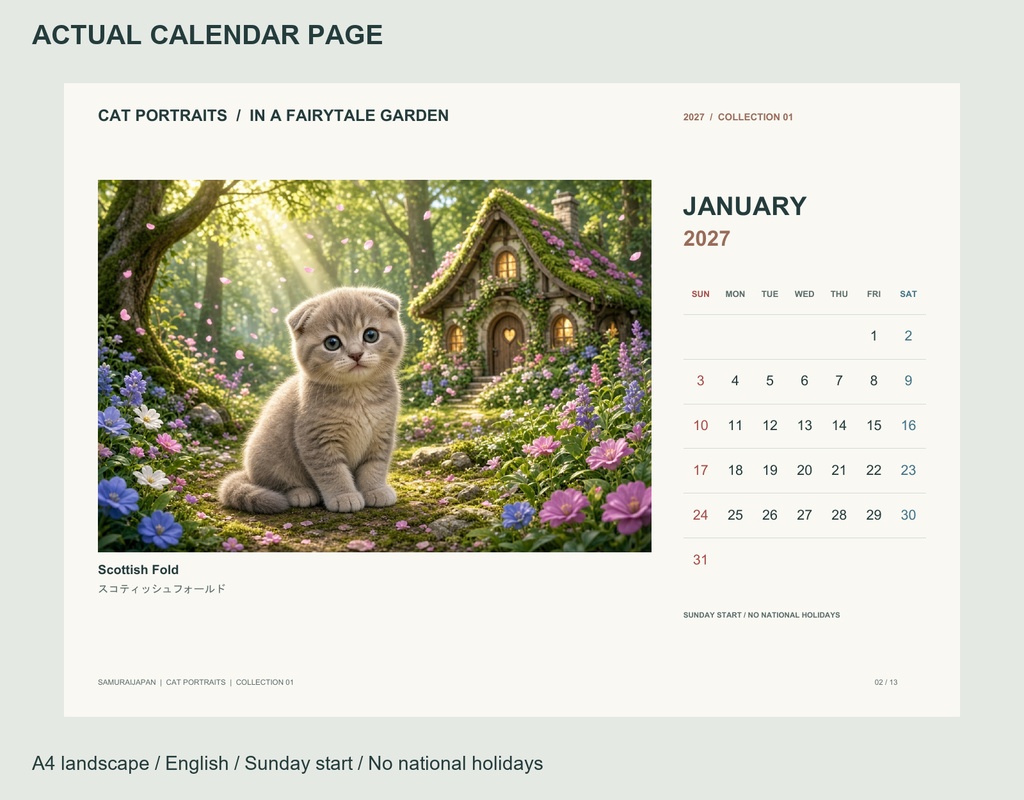 Cat Portraits 2027 | Collection 01 | Printable A4 Landscape PDF Calendar