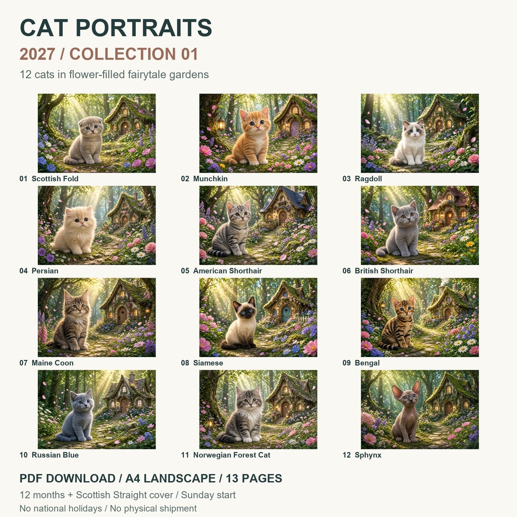 Cat Portraits 2027 | Collection 01 | Printable A4 Landscape PDF Calendar