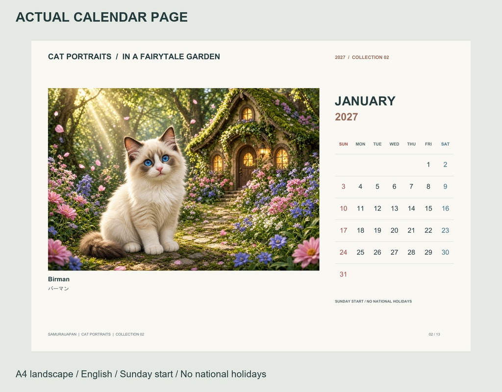 Cat Portraits 2027 | Collection 02 | Printable A4 Landscape PDF Calendar