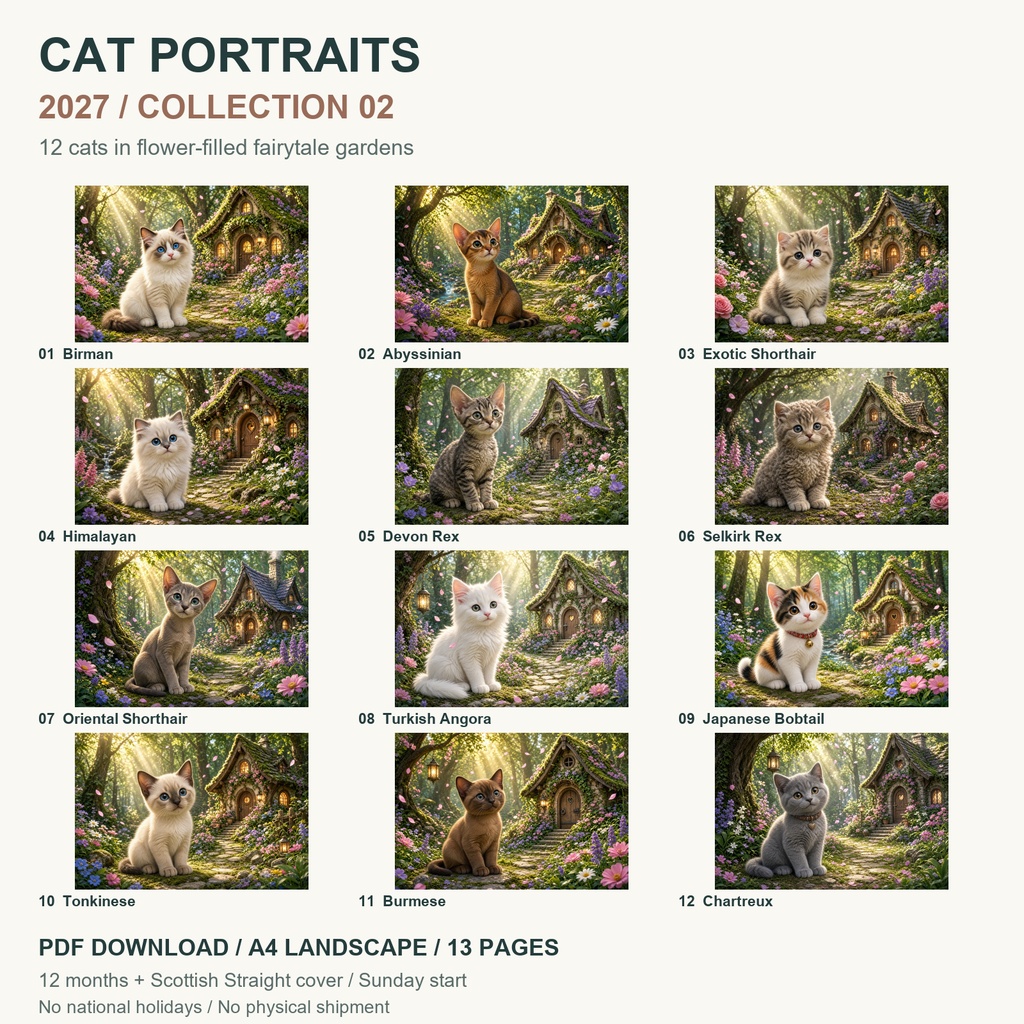 Cat Portraits 2027 | Collection 02 | Printable A4 Landscape PDF Calendar