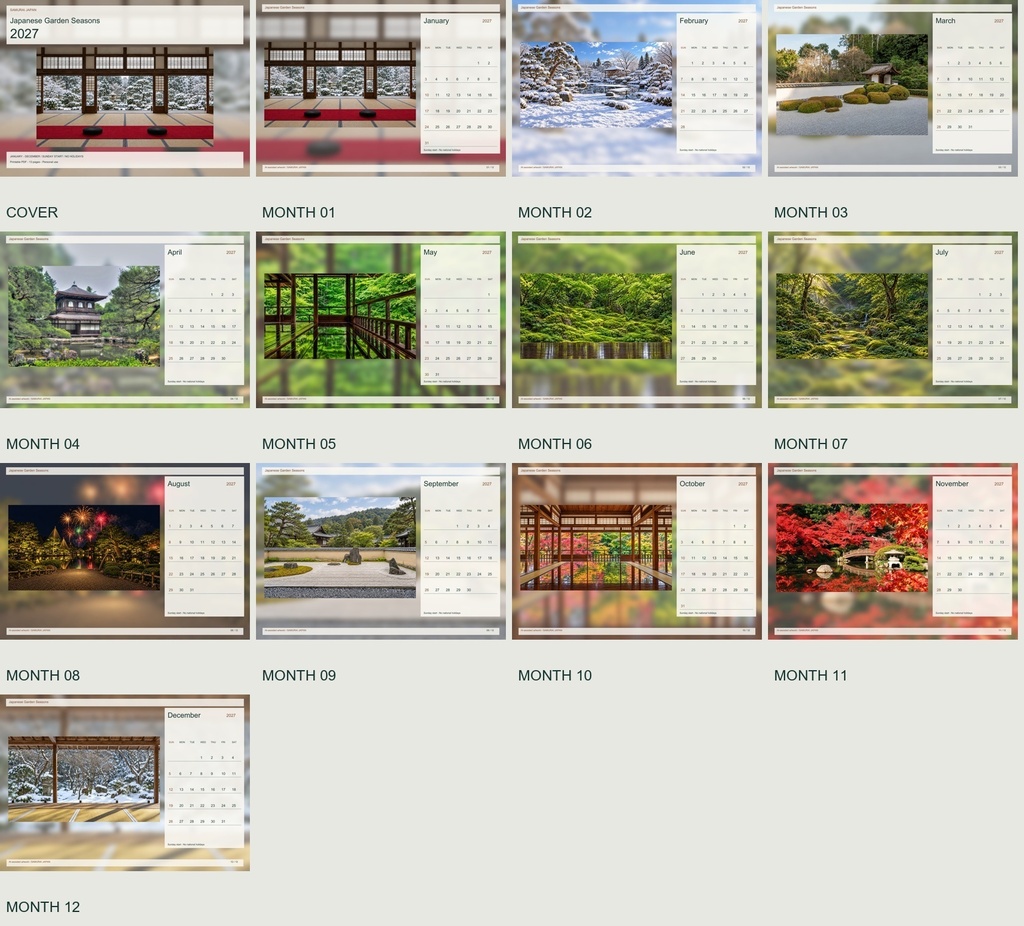 Japanese Garden Seasons 2027 Printable A4 Landscape PDF Calendar