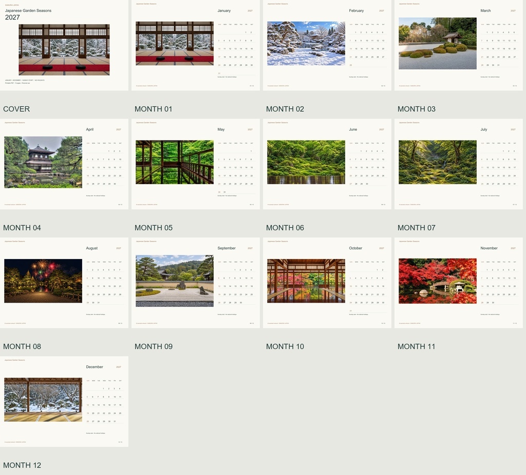 Japanese Garden Seasons 2027 Printable A4 Landscape PDF Calendar