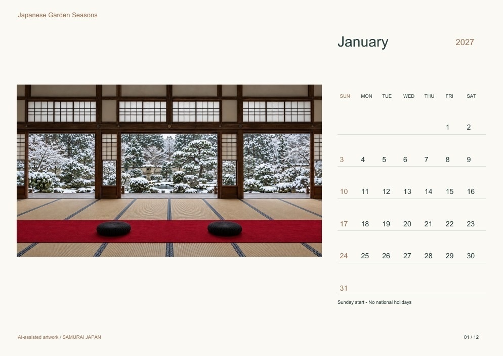 Japanese Garden Seasons 2027 Printable A4 Landscape PDF Calendar