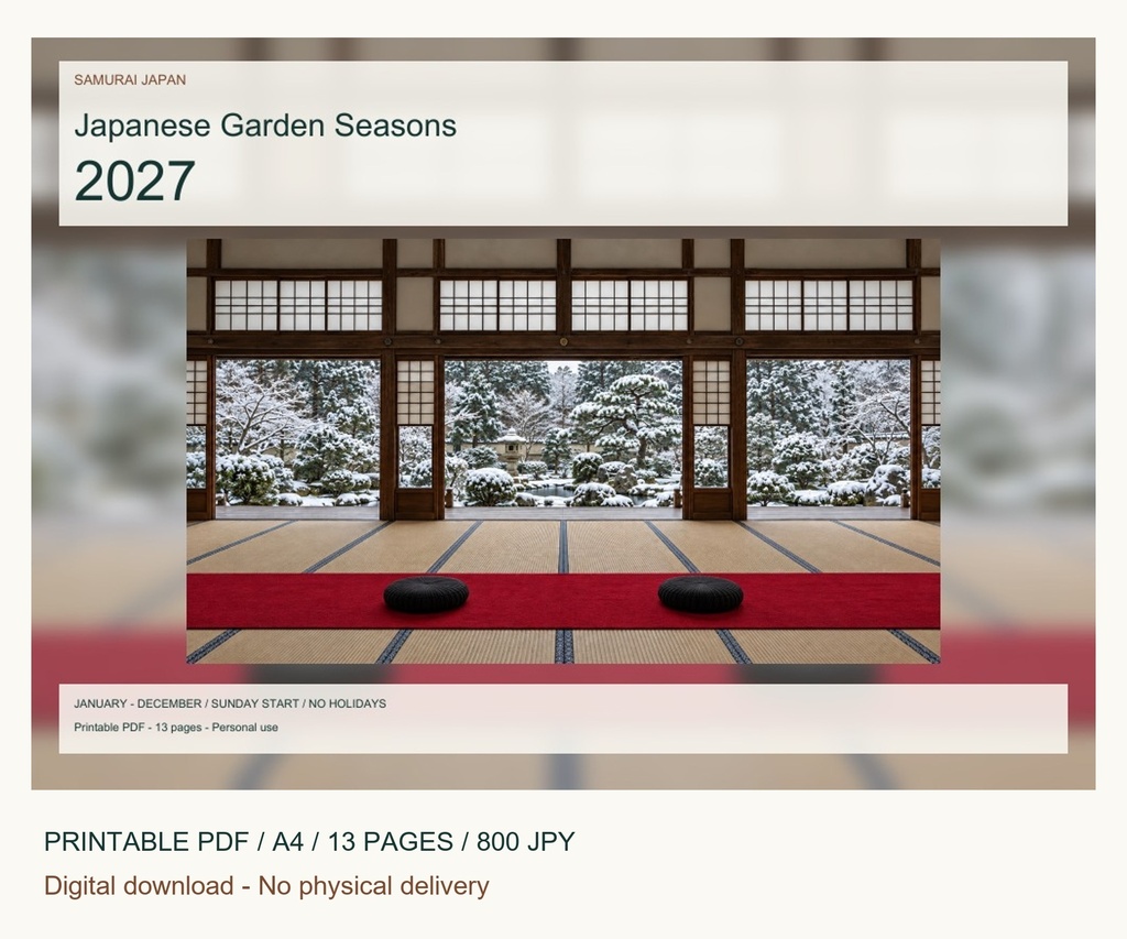 Japanese Garden Seasons 2027 Printable A4 Landscape PDF Calendar