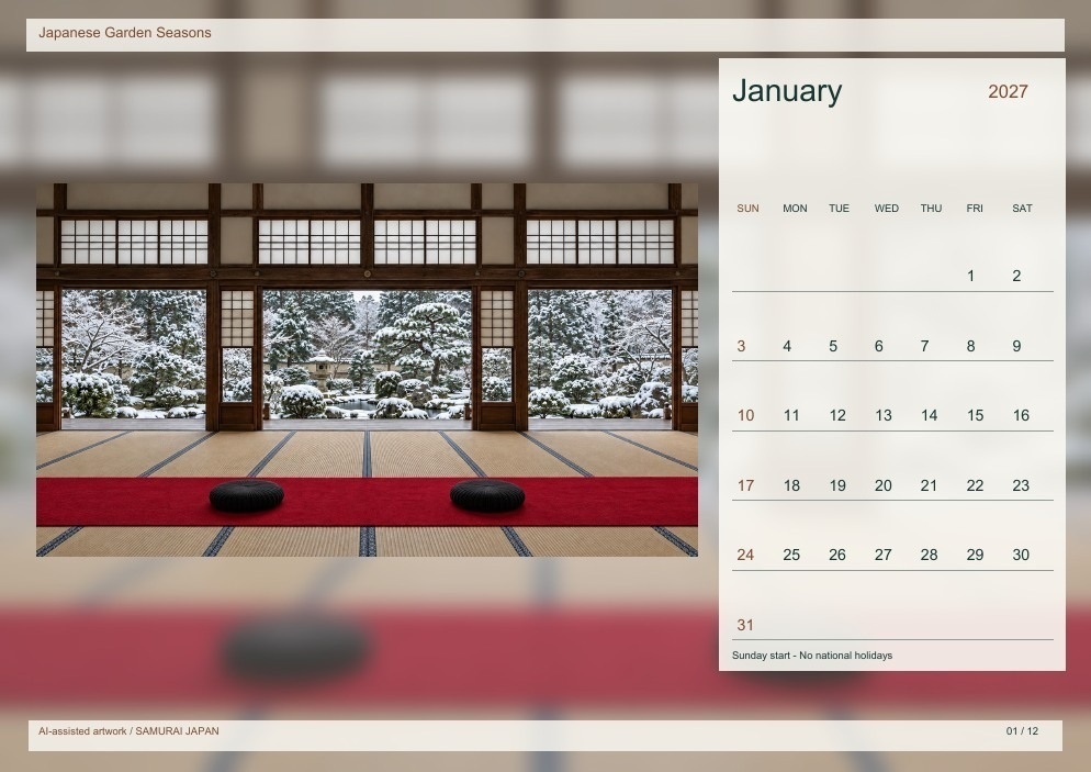Japanese Garden Seasons 2027 Printable A4 Landscape PDF Calendar