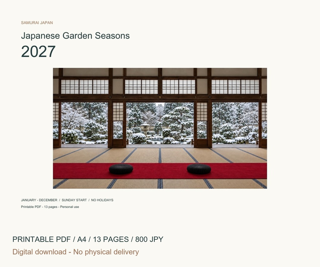 Japanese Garden Seasons 2027 Printable A4 Landscape PDF Calendar