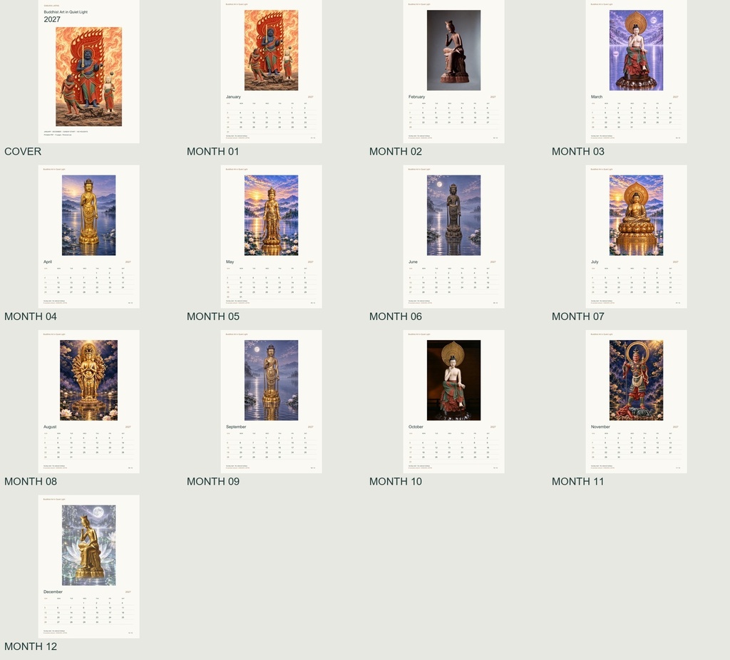 Buddhist Art in Quiet Light 2027 Printable A4 Portrait PDF Calendar