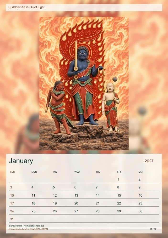 Buddhist Art in Quiet Light 2027 Printable A4 Portrait PDF Calendar