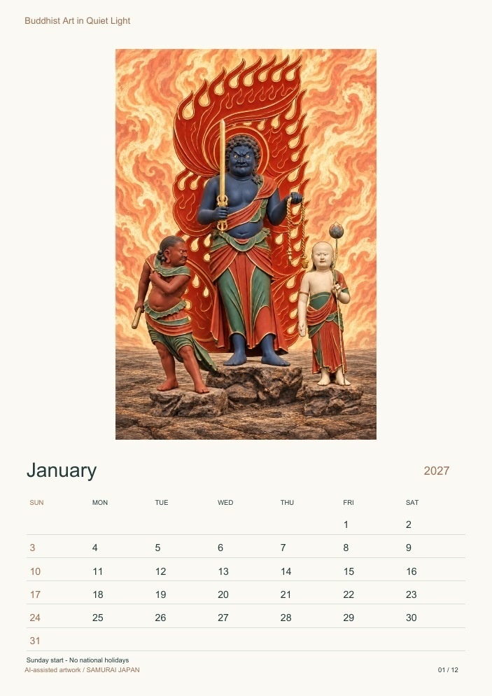 Buddhist Art in Quiet Light 2027 Printable A4 Portrait PDF Calendar