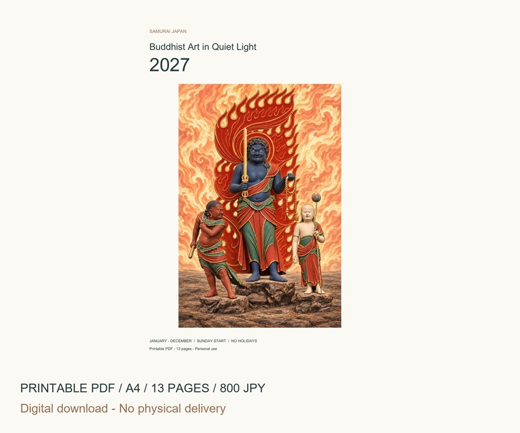 Buddhist Art in Quiet Light 2027 Printable A4 Portrait PDF Calendar