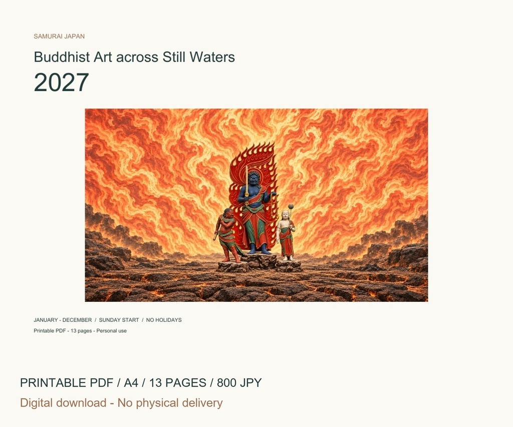 Buddhist Art across Still Waters 2027 Printable A4 Landscape PDF Calendar