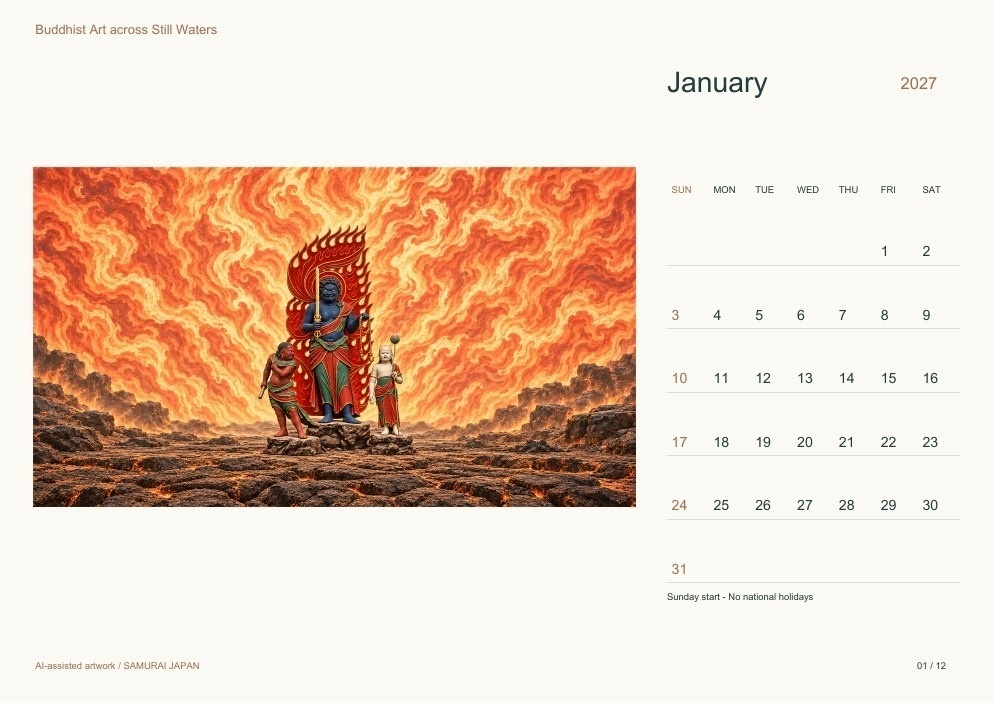 Buddhist Art across Still Waters 2027 Printable A4 Landscape PDF Calendar