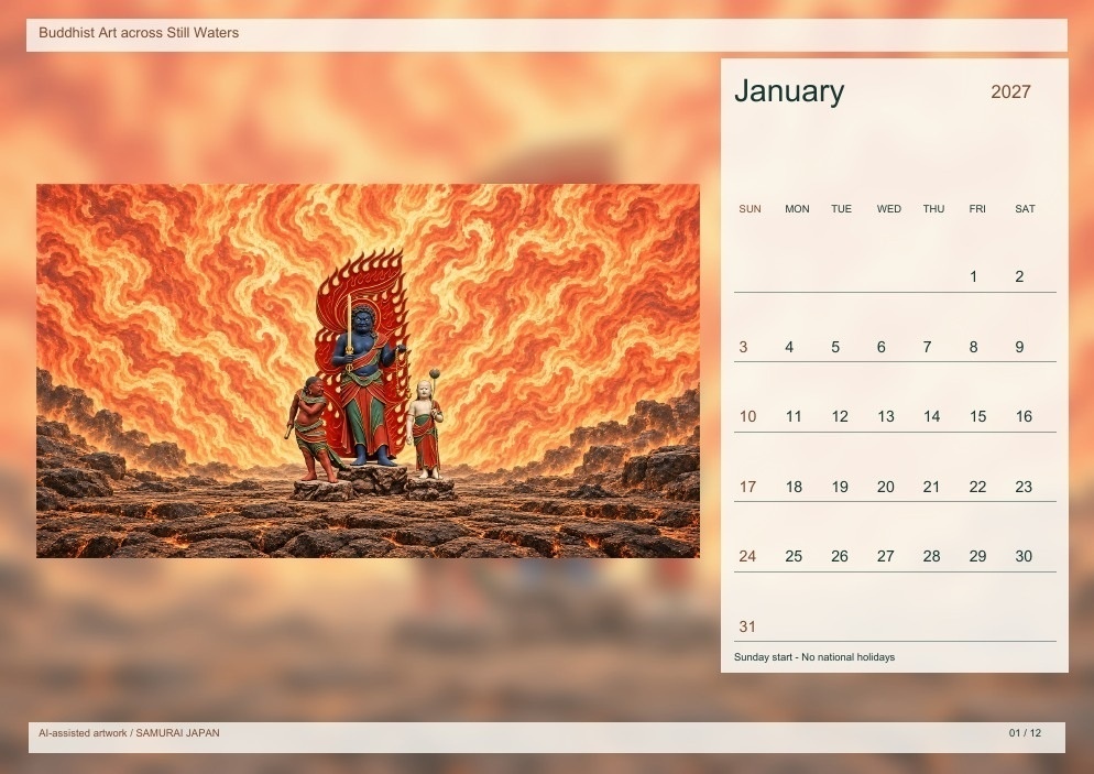 Buddhist Art across Still Waters 2027 Printable A4 Landscape PDF Calendar