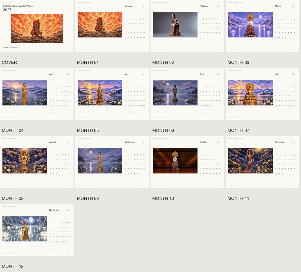 Buddhist Art across Still Waters 2027 Printable A4 Landscape PDF Calendar