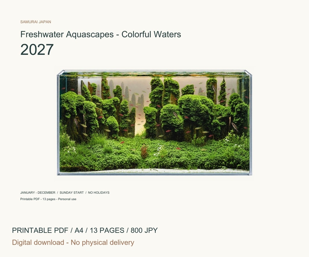 Freshwater Aquascapes - Colorful Waters 2027 Printable A4 Landscape PDF Calendar