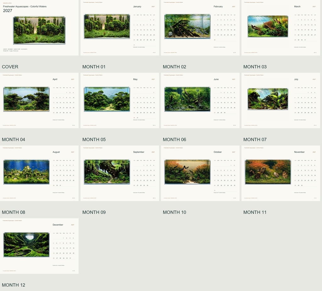 Freshwater Aquascapes - Colorful Waters 2027 Printable A4 Landscape PDF Calendar