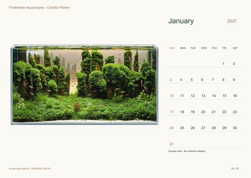 Freshwater Aquascapes - Colorful Waters 2027 Printable A4 Landscape PDF Calendar