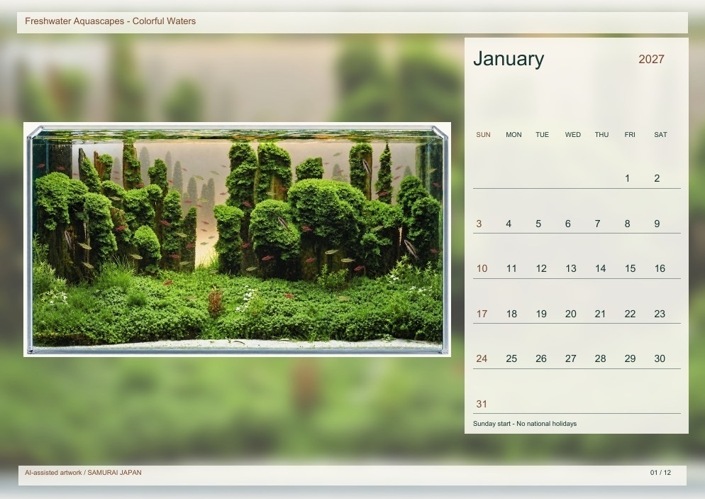 Freshwater Aquascapes - Colorful Waters 2027 Printable A4 Landscape PDF Calendar