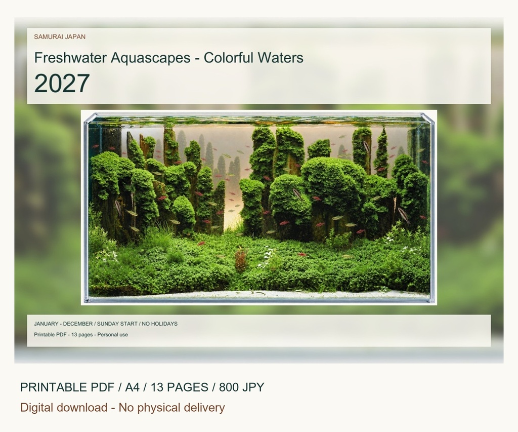 Freshwater Aquascapes - Colorful Waters 2027 Printable A4 Landscape PDF Calendar