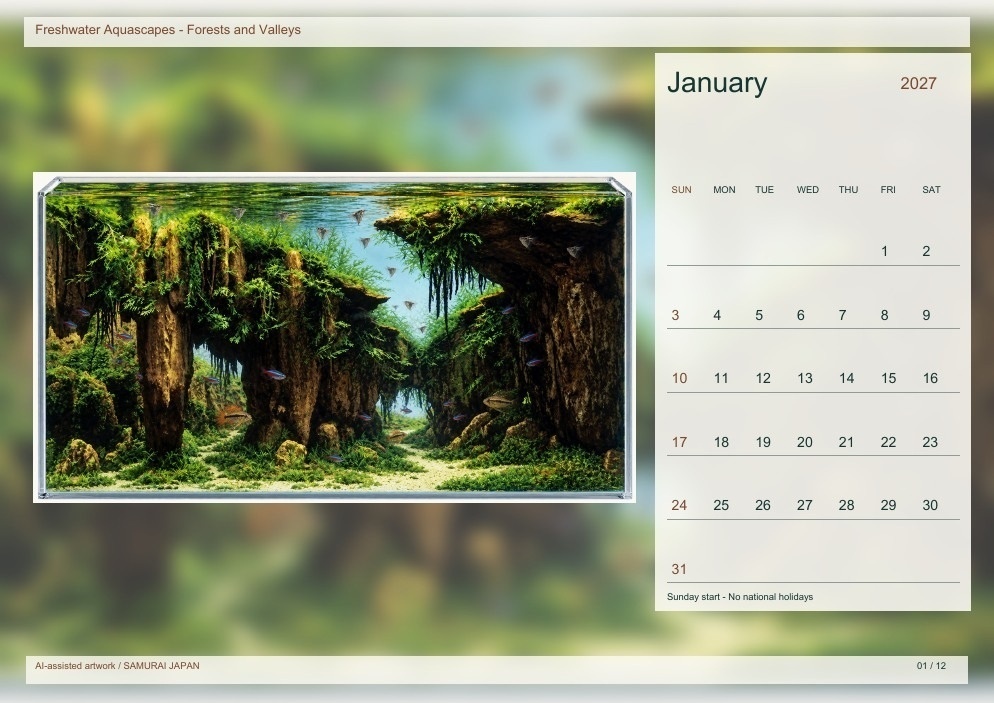 Freshwater Aquascapes - Forests and Valleys 2027 Printable A4 Landscape PDF Calendar