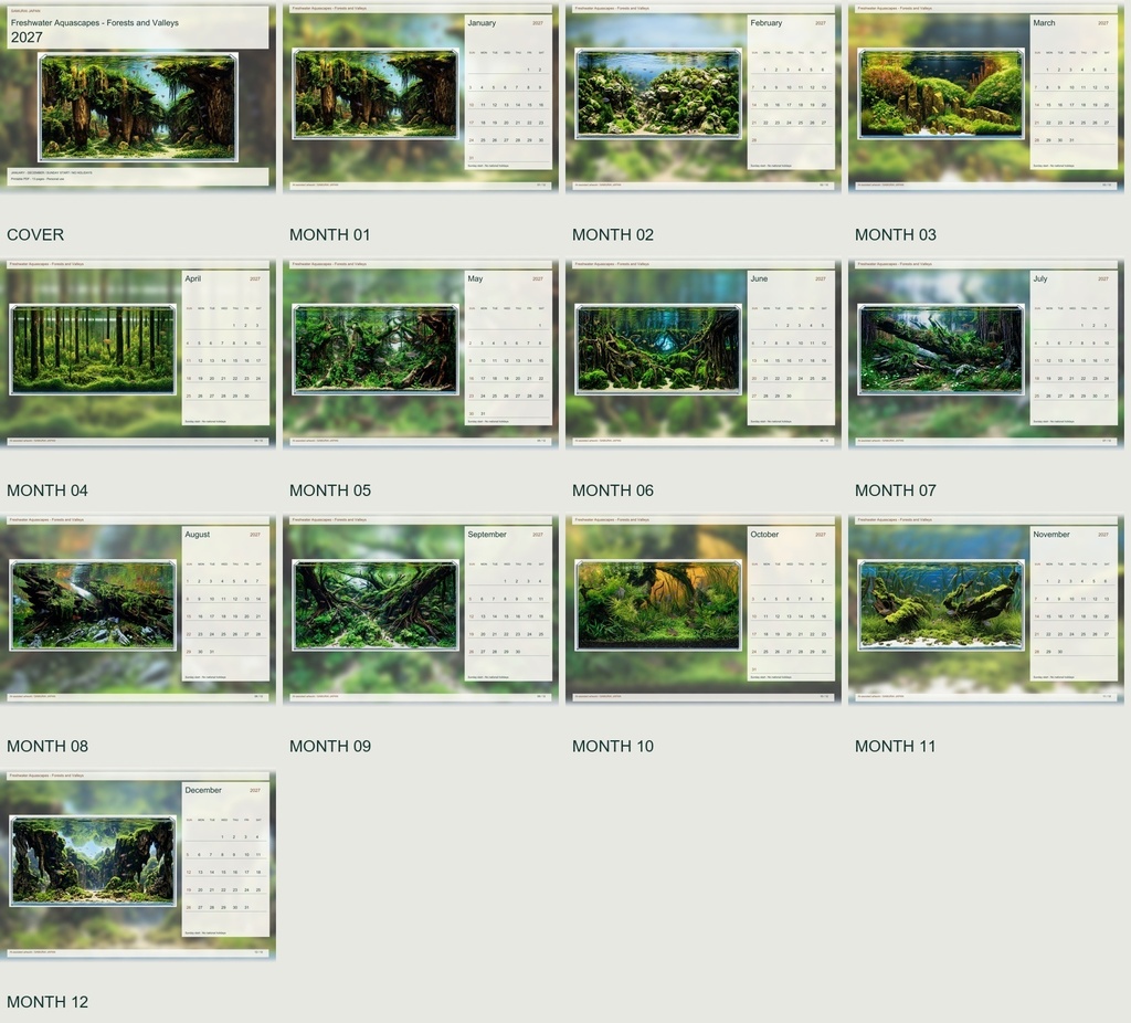 Freshwater Aquascapes - Forests and Valleys 2027 Printable A4 Landscape PDF Calendar