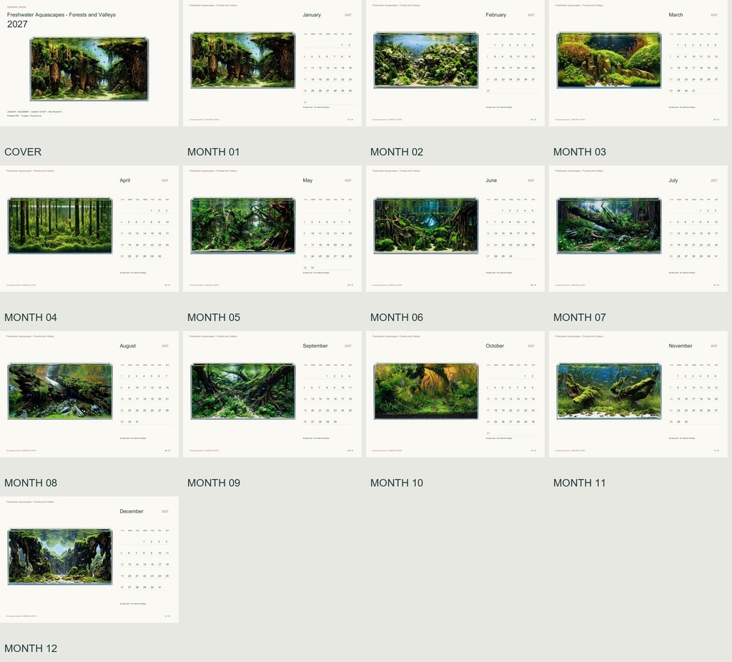 Freshwater Aquascapes - Forests and Valleys 2027 Printable A4 Landscape PDF Calendar