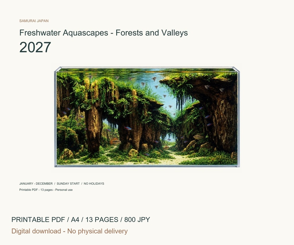 Freshwater Aquascapes - Forests and Valleys 2027 Printable A4 Landscape PDF Calendar
