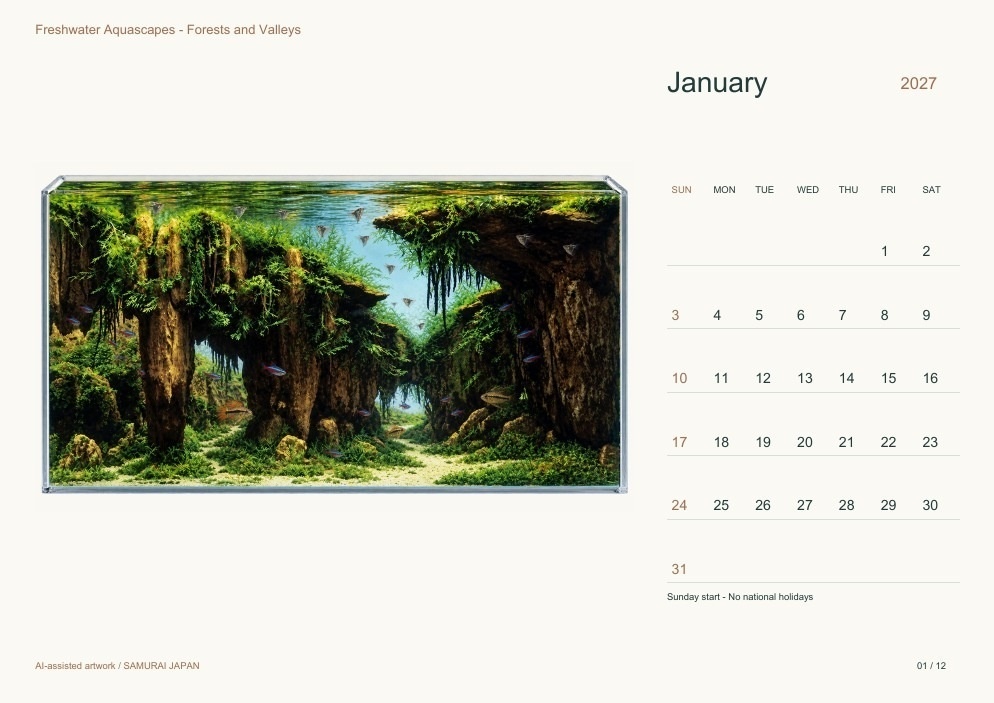 Freshwater Aquascapes - Forests and Valleys 2027 Printable A4 Landscape PDF Calendar