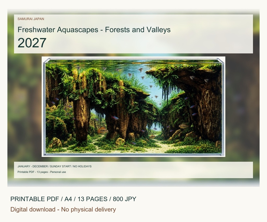 Freshwater Aquascapes - Forests and Valleys 2027 Printable A4 Landscape PDF Calendar