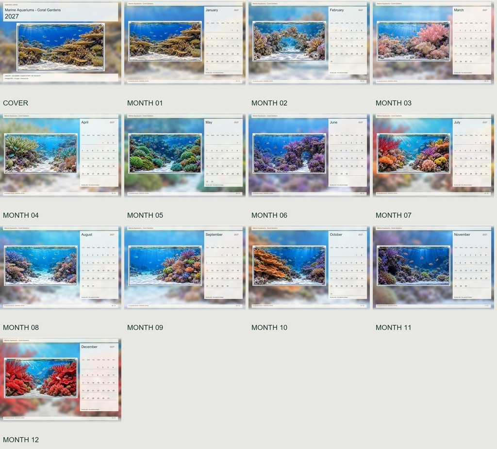 Marine Aquariums - Coral Gardens 2027 Printable A4 Landscape PDF Calendar